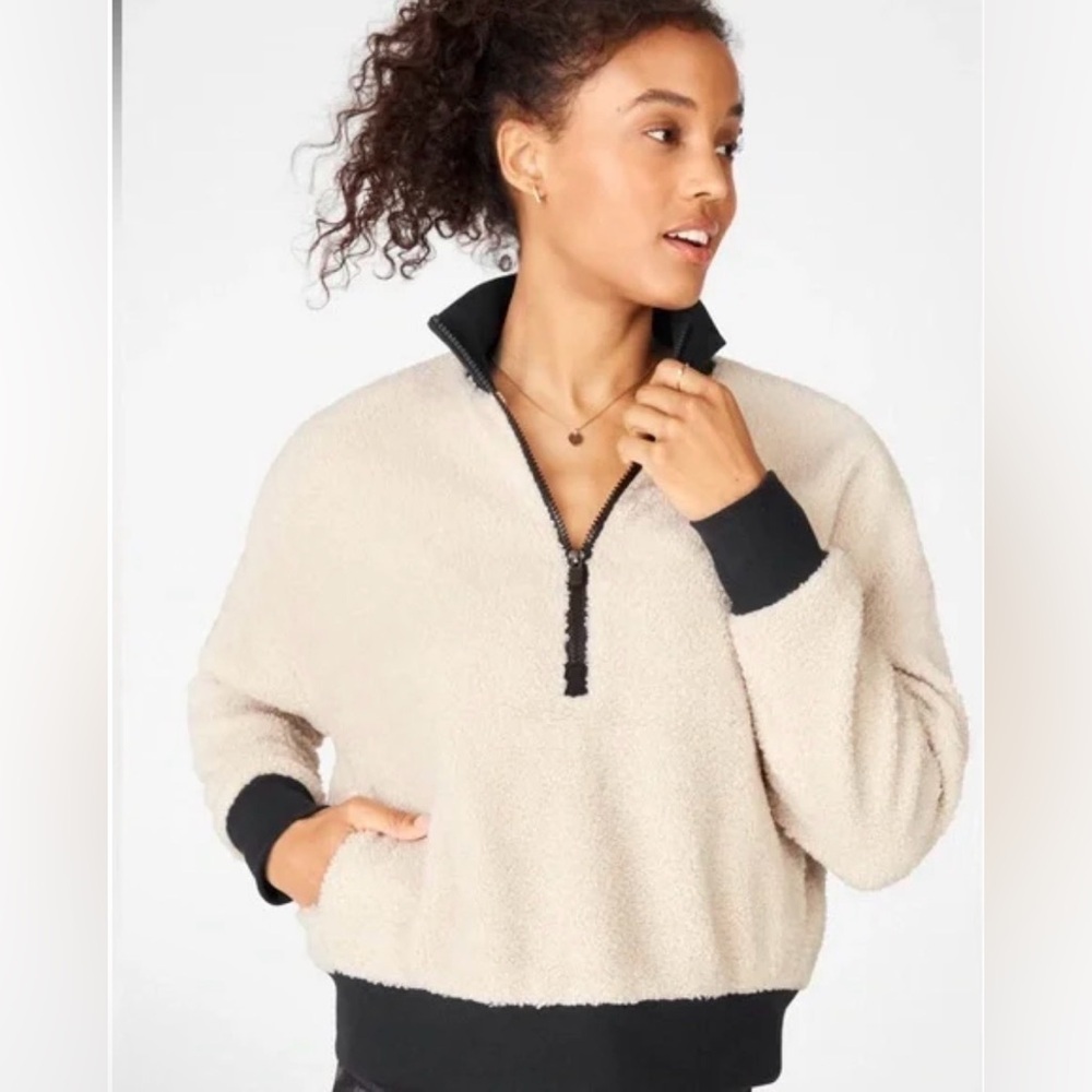 Fabletics Sherpa Half Zip Pullover Beige Black Size S (Read)‎